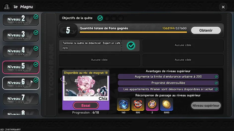 NTE City Tycoon level progression and Cheese free 5-star reward