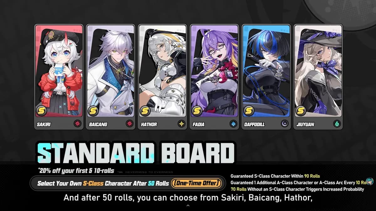 NTE Standard Board launch offers — 50% off pulls and free S-class character selector