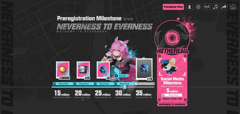NTE pre-registration milestones showing reward tiers from 15 million to 35 million registrations including beetle coins, hunter guides, fabricated dice and Haniel