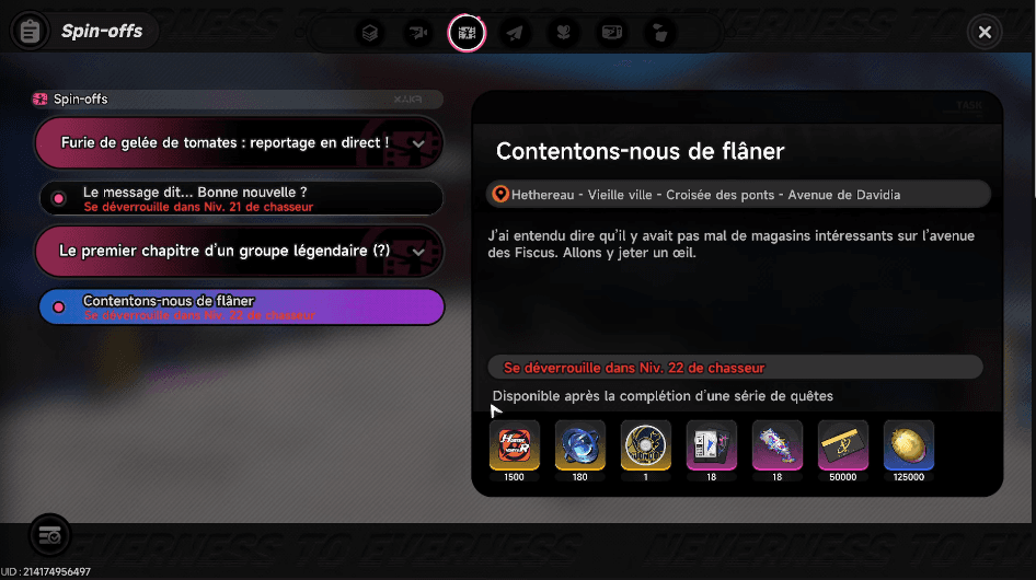 NTE Spin-off side quests rewarding 1000 to 1500 XP each