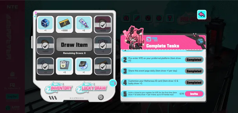 NTE Resident Guide web event rewards pool showing all 10 items including The Forgotten weapon, fabricated dice, beetle coins, hunter guides, fawn stacks and colorist dye