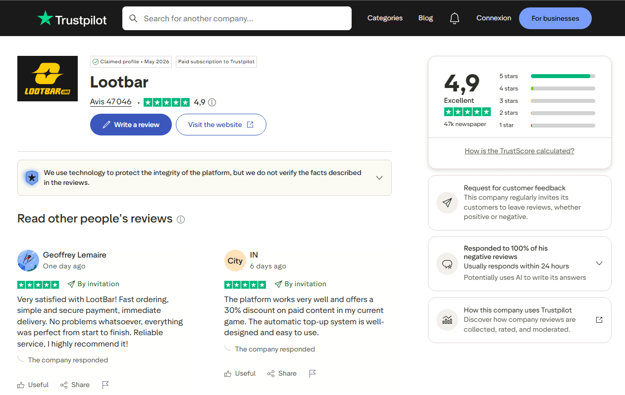 LootBar 4.9/5 Trustpilot rating — verified player reviews