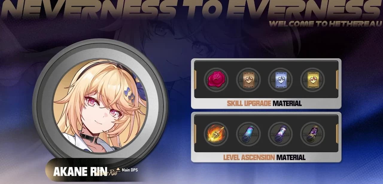 Akane Rin's NTE 1.4 character slide with the Main DPS tag and her skill and ascension materials