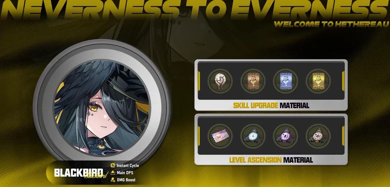 Blackbird's NTE 1.4 character slide with the tags Instant Cycle, Main DPS and DMG Boost, plus her skill and ascension materials