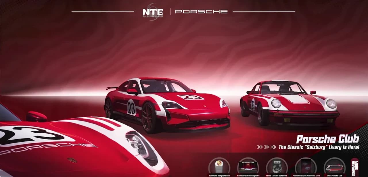 The Porsche Club reward slide in NTE 1.4, showing the classic Salzburg livery on two Porsche models