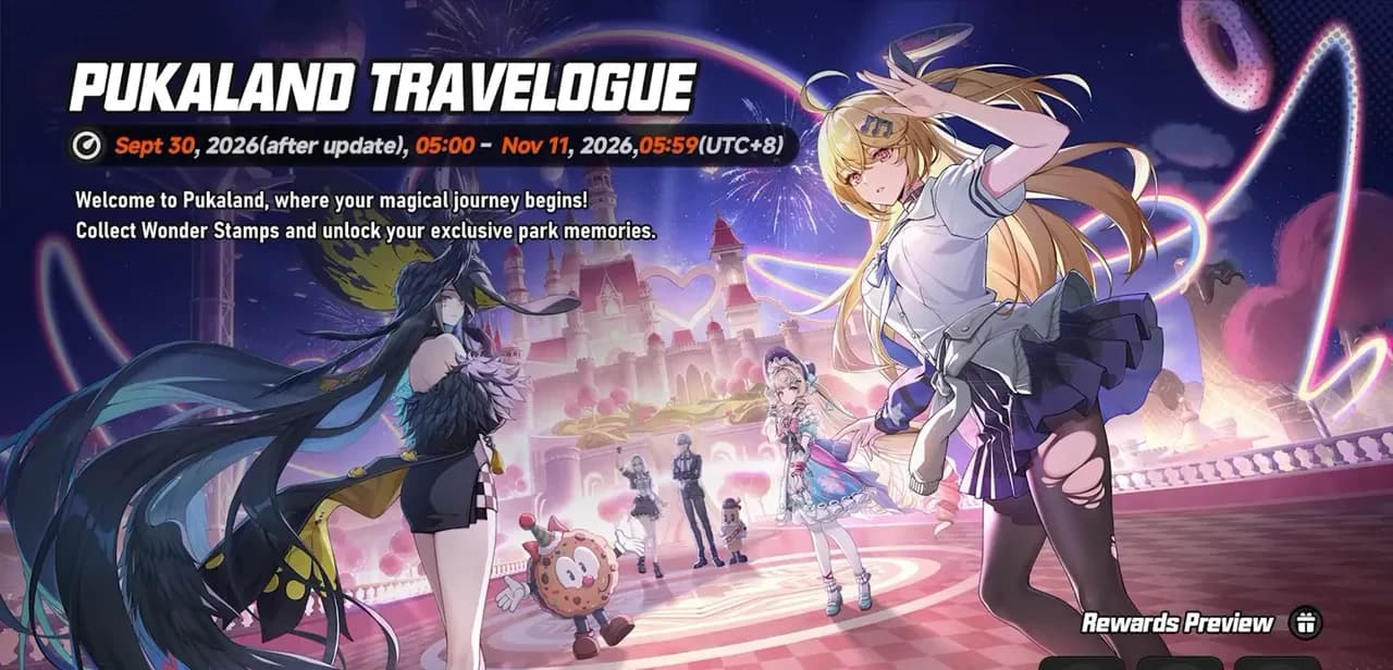 The Pukaland Travelogue event card in NTE 1.4, showing a September 30 to November 11 2026 window