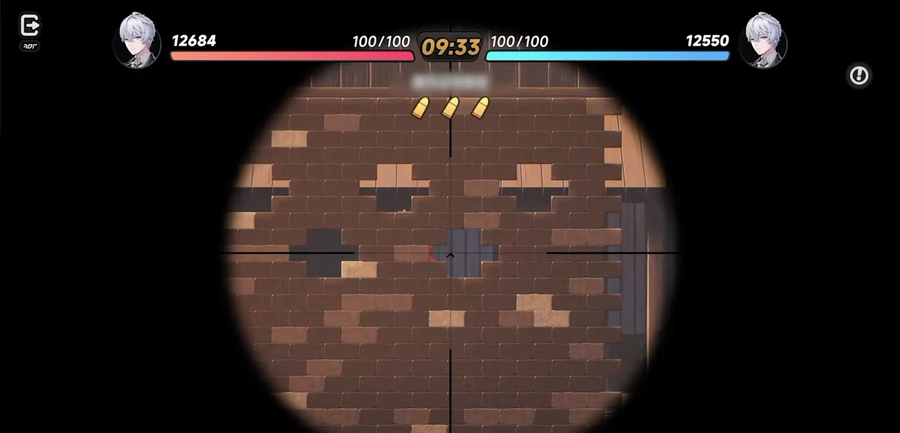 The 1v1 shooting PvP mode in NTE 1.4, seen down the scope with both players' health bars on screen