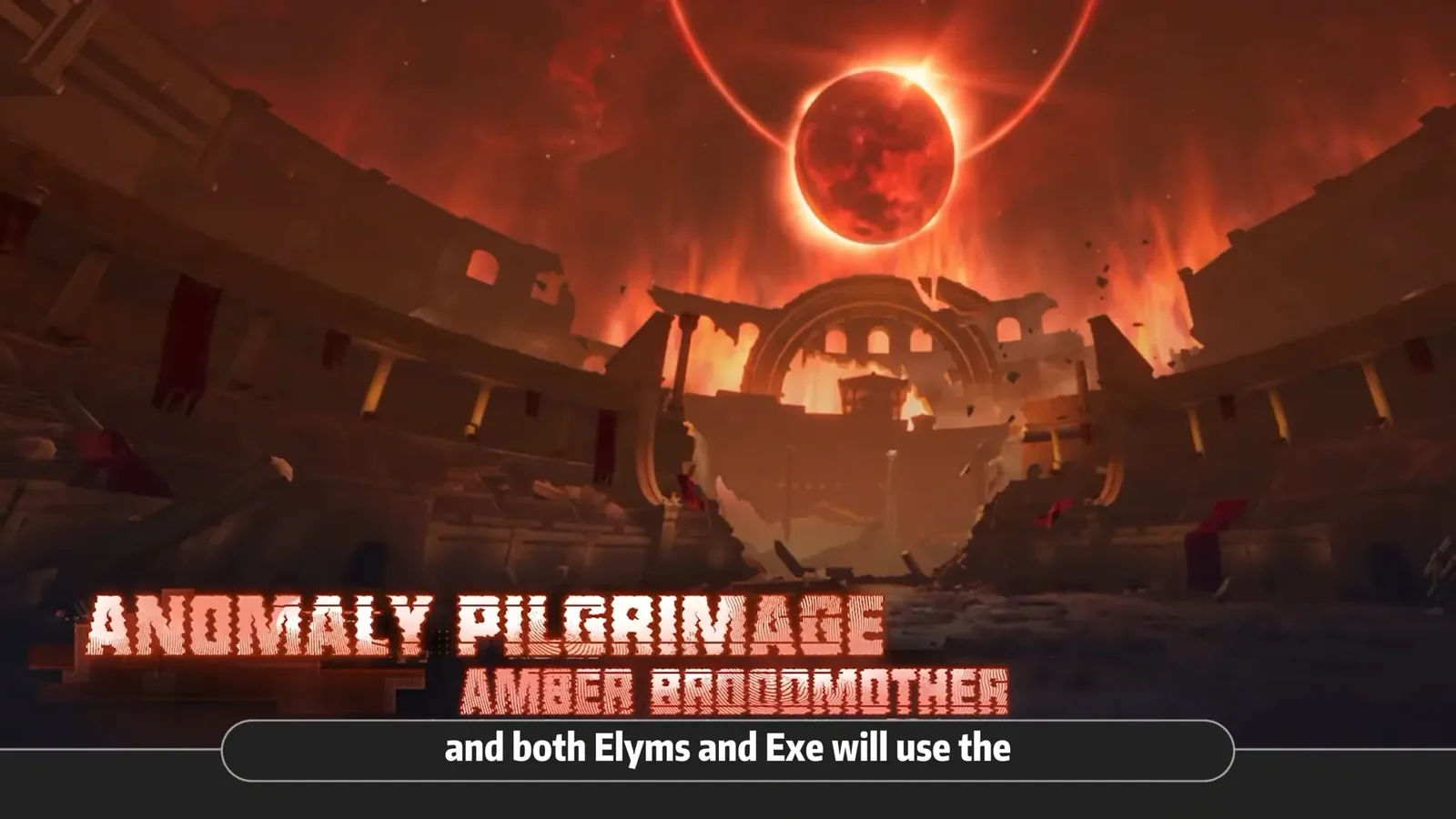 Amber Broodmother, the new NTE 1.5 Anomaly Pilgrimage weekly boss, in a burning arena under a red eclipse