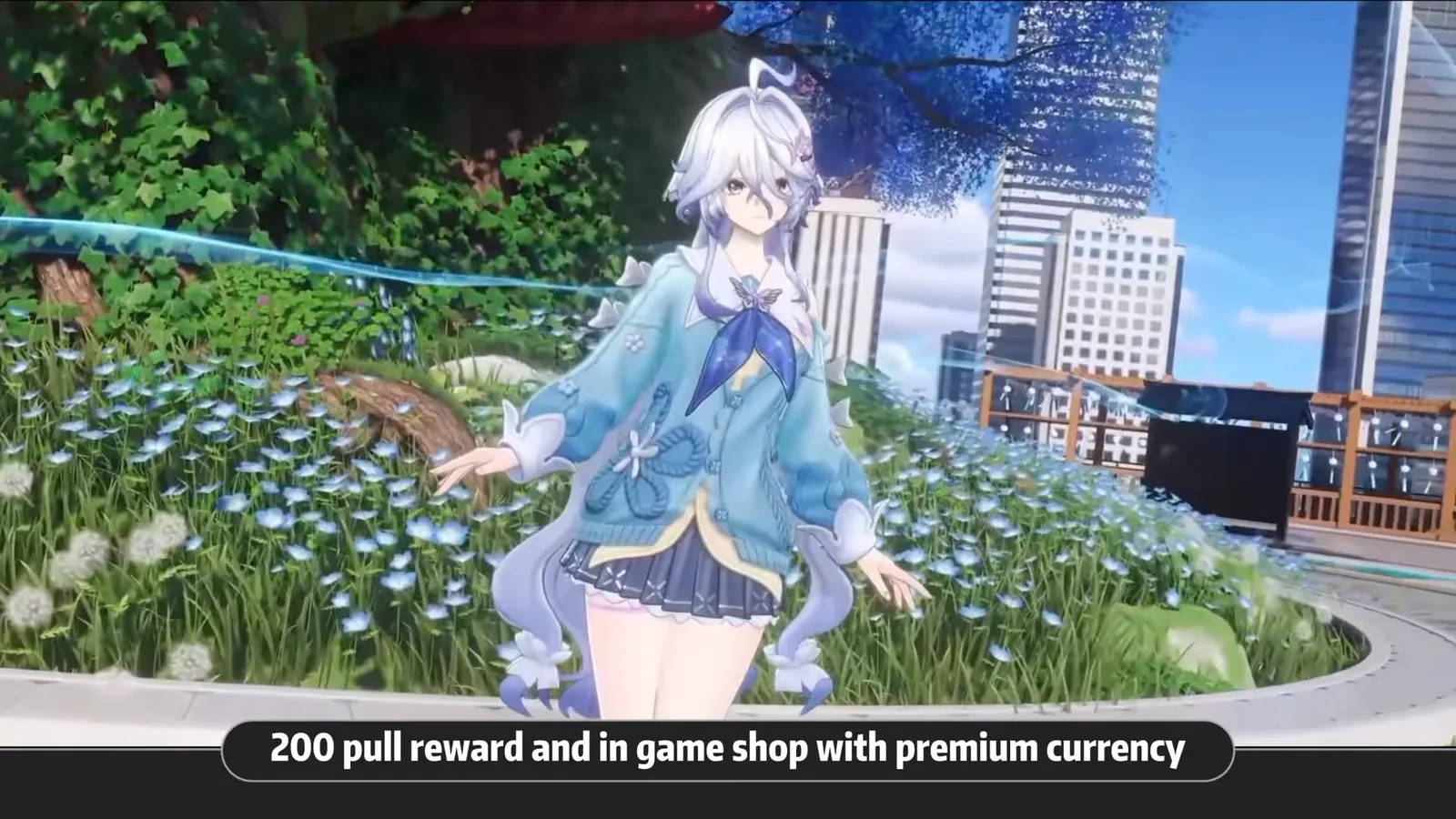 Elyms in a blue cardigan outfit in a Hethereau park, one of her three new NTE 1.5 skins