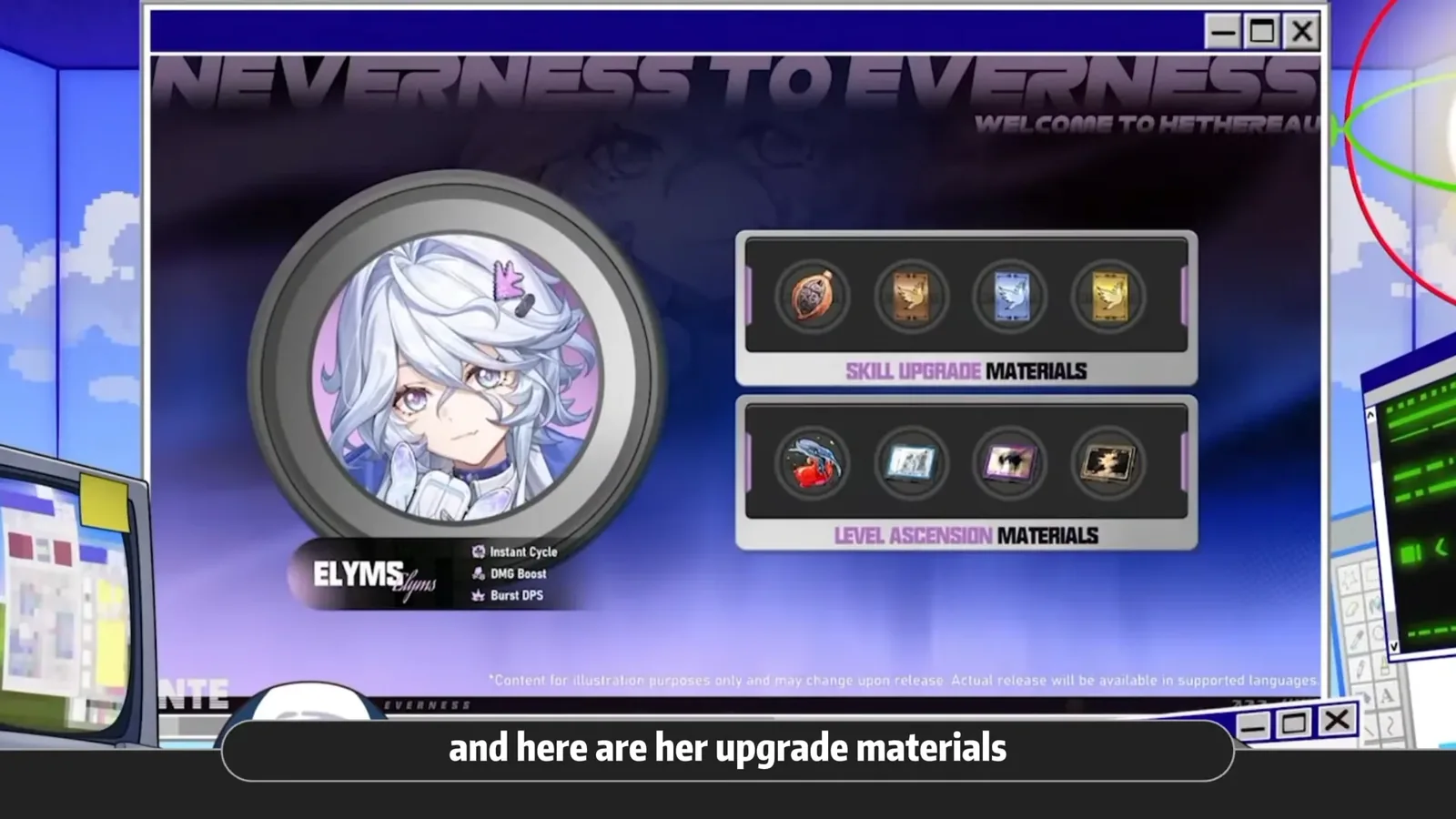 Elyms in NTE 1.5, tagged Instant Cycle, DMG Boost and Burst DPS, with her skill upgrade and level ascension materials