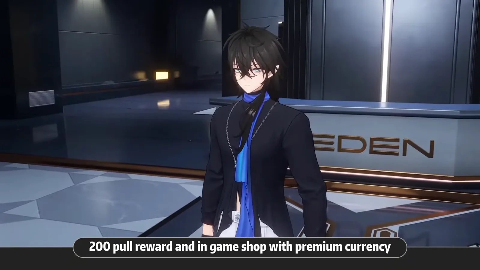 Exe in a black jacket and blue scarf in front of an EDEN sign, one of his three new NTE 1.5 outfits