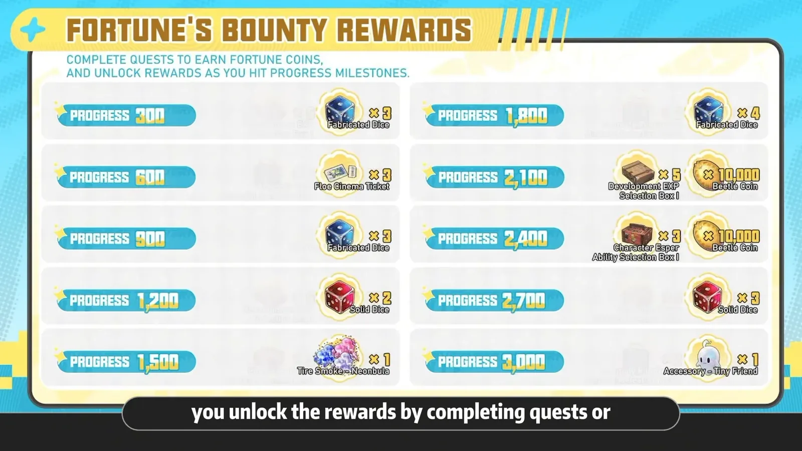 Fortune’s Bounty rewards in NTE 1.5: progress milestones from 300 to 3,000 Fortune Coins paying dice, boxes and Beetle Coins