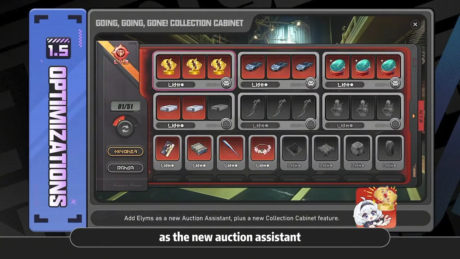 The Going, Going, Gone! Collection Cabinet in NTE 1.5, with Elyms added as a new auction assistant