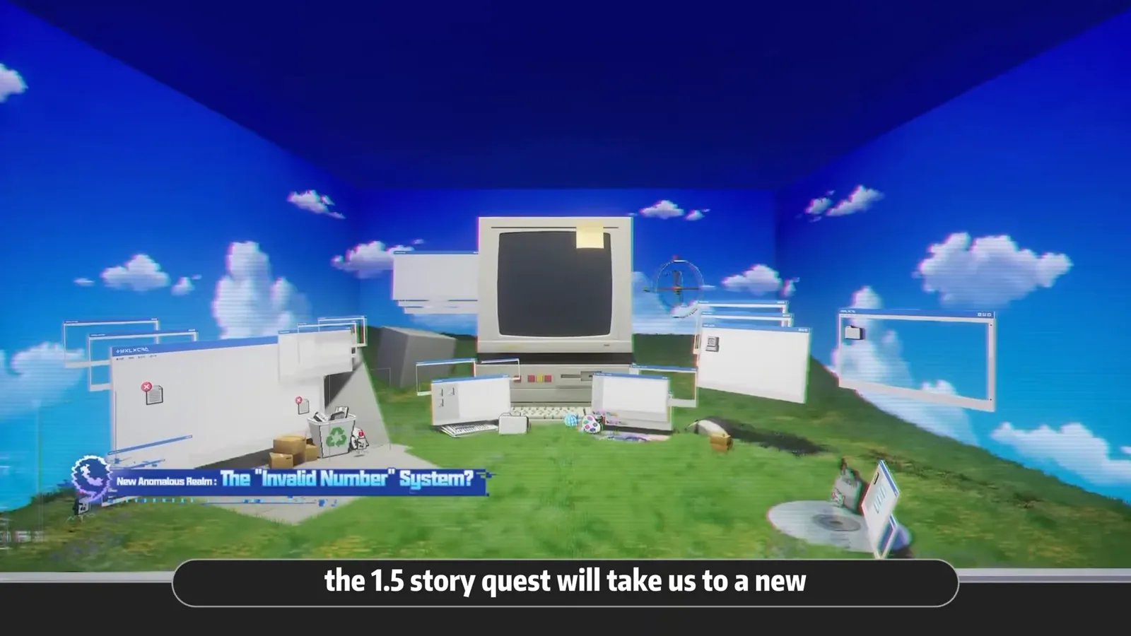 The Invalid Number System, the new anomalous realm of the NTE 1.5 story, an old computer on a grassy hill under a blue sky