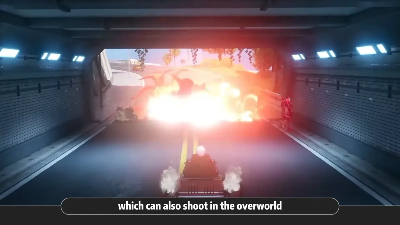 The Iron Ogre mini tank firing in a tunnel in NTE 1.5, a vehicle that can shoot in the open world