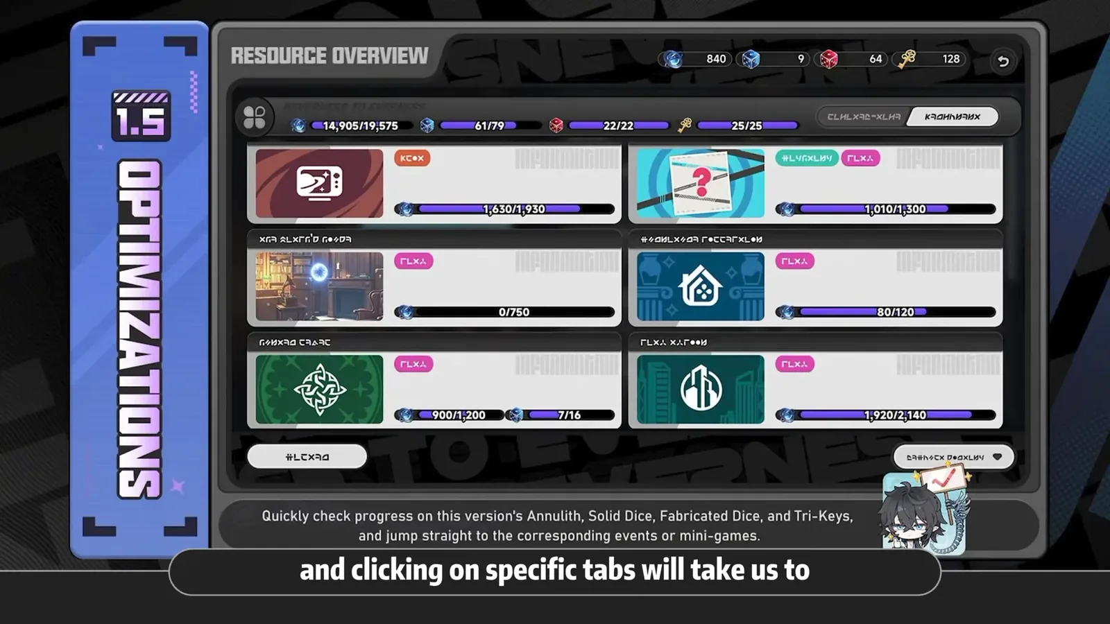 The NTE 1.5 Resource Overview, tracking this version’s Annulith, Solid Dice, Fabricated Dice and Tri-Keys