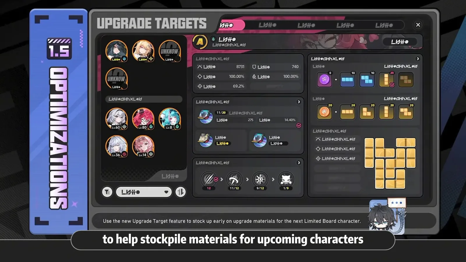 The NTE 1.5 Upgrade Targets screen, for stocking materials early for the next limited banner character