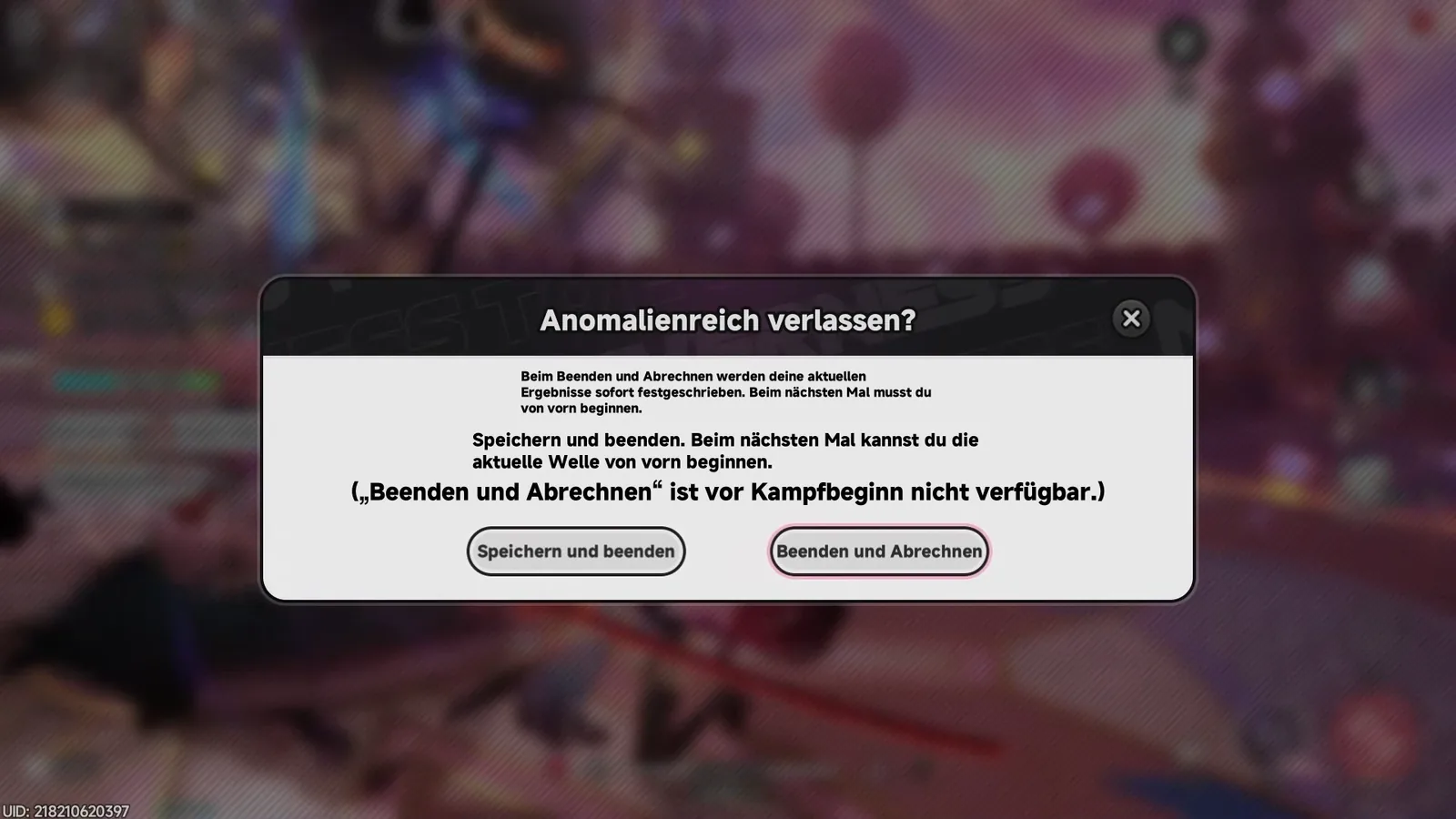 Dialog Anomalienreich verlassen in NTE mit den Optionen Speichern und beenden sowie Beenden und Abrechnen