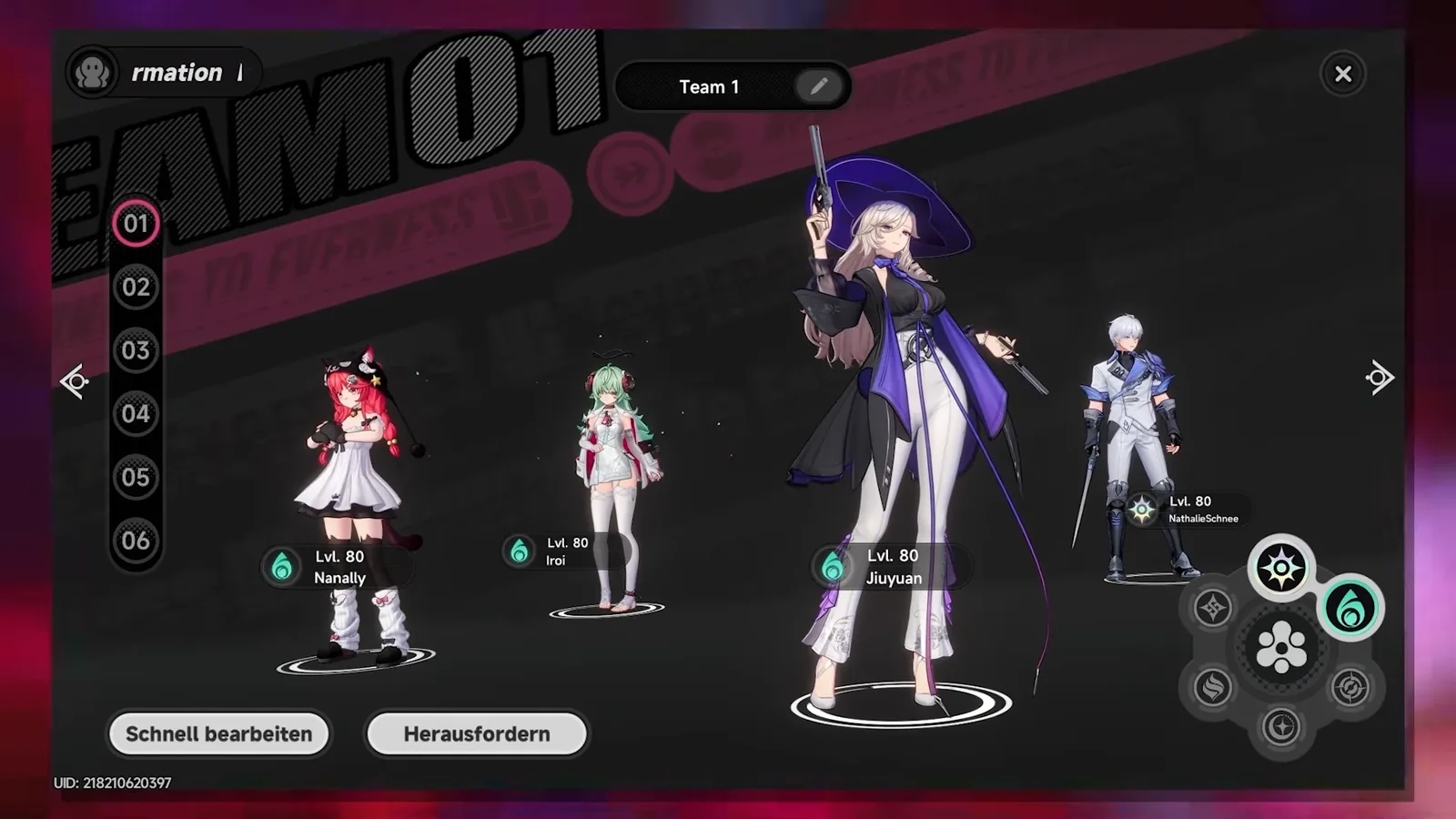 NTE-Teamaufstellung mit Nanally, Jiuyuan, Iroi und Zero für das Blossom-Team im Event Kohleklümpchen