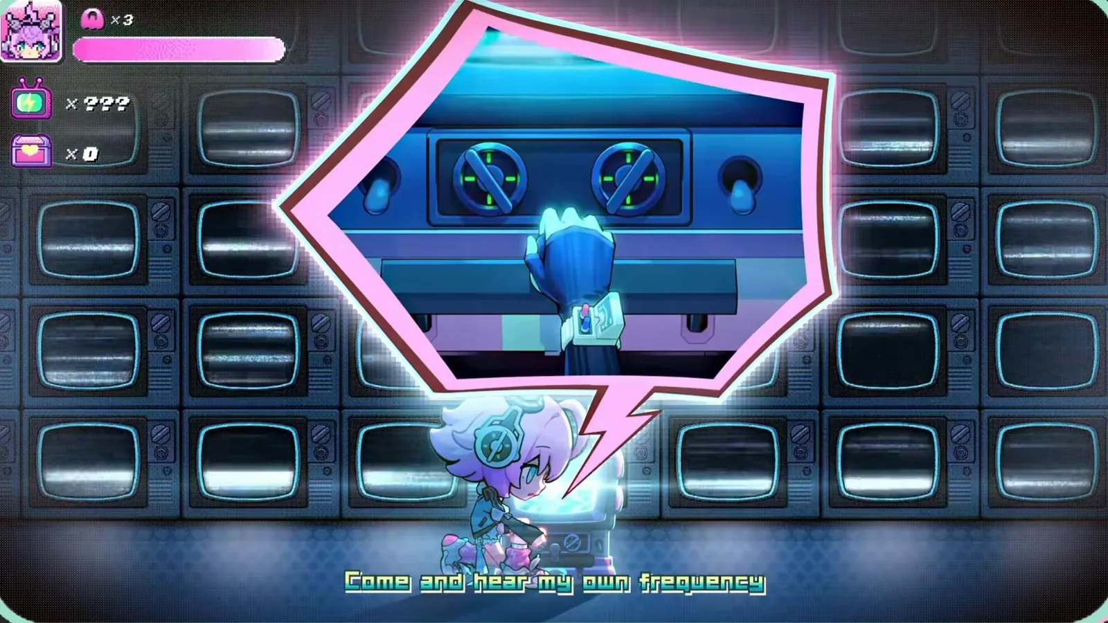 Linko in NTE facing a wall of broken TVs in the anomalous realm where she found Xiaozhen, in pixel-art style