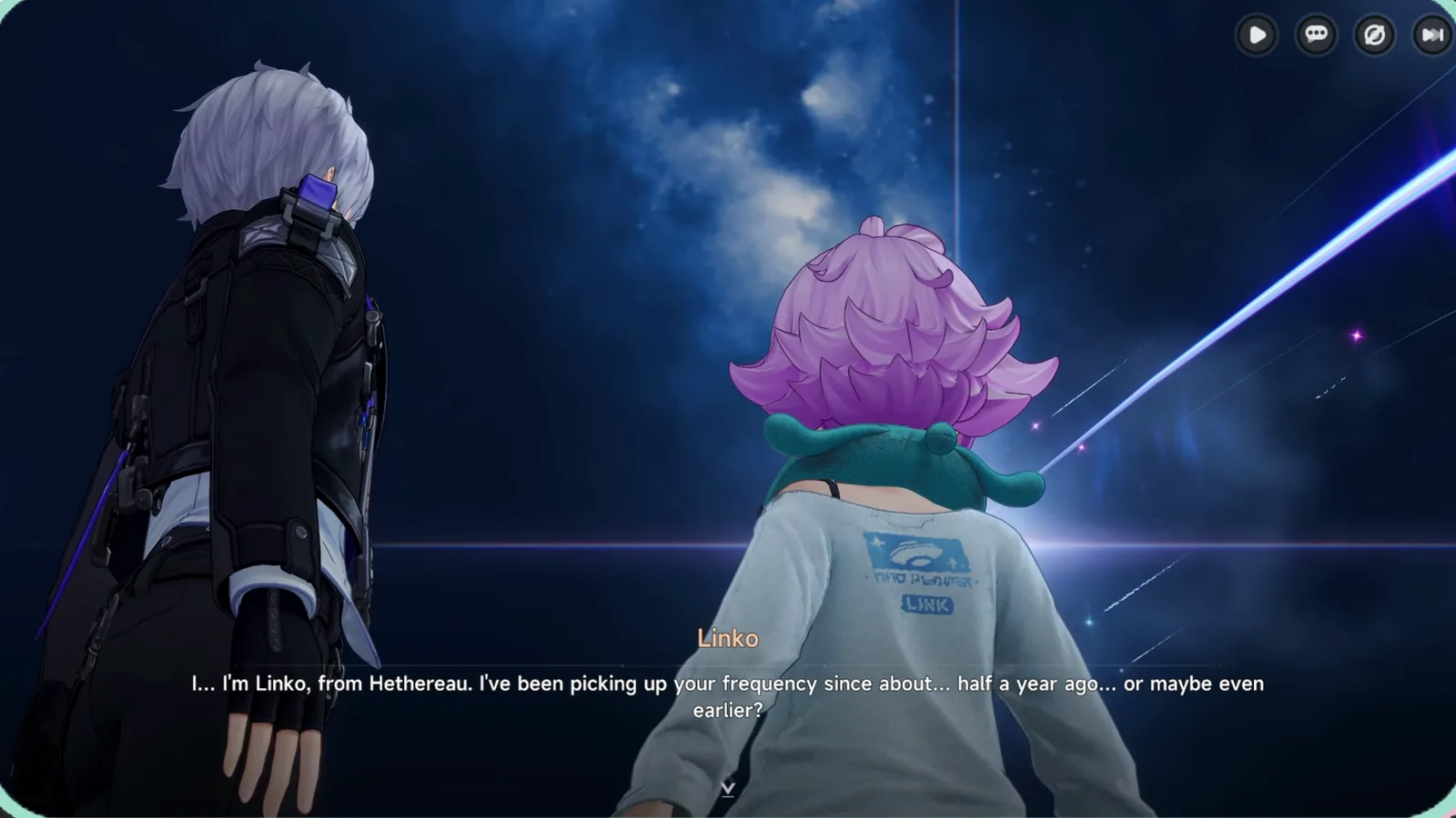 Linko and the Appraiser on the NTE observation deck as the comet crosses the night sky, Linko saying she is from Hethereau