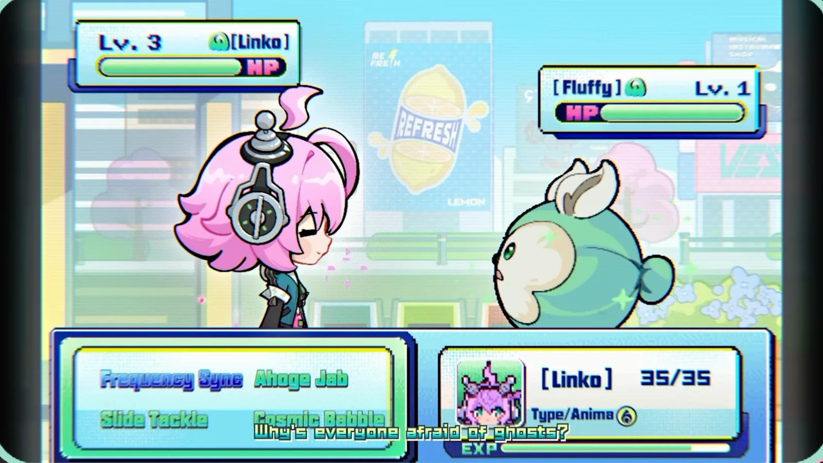 A pixel-art battle in NTE between Level 3 Linko and a Level 1 Fluffy anomaly, shown for Linko’s fluffy incident