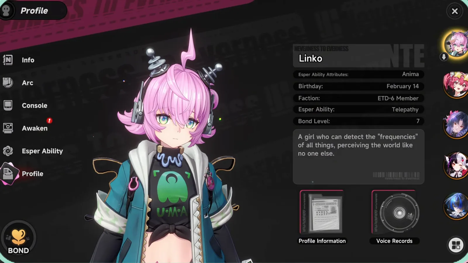 Linko’s NTE character panel listing Anima, a February 14 birthday, ETD-6 Member faction and Telepathy as her Esper Ability