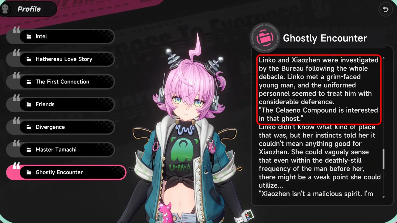 Linko’s Ghostly Encounter profile entry in NTE, where a Bureau officer says the Celaeno Compound is interested in Xiaozhen