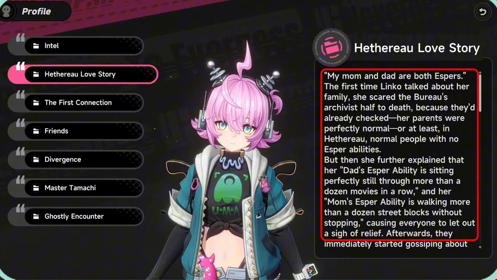 The Hethereau Love Story tab of Linko’s NTE profile, where she says her dad’s Esper Ability is sitting through a dozen movies