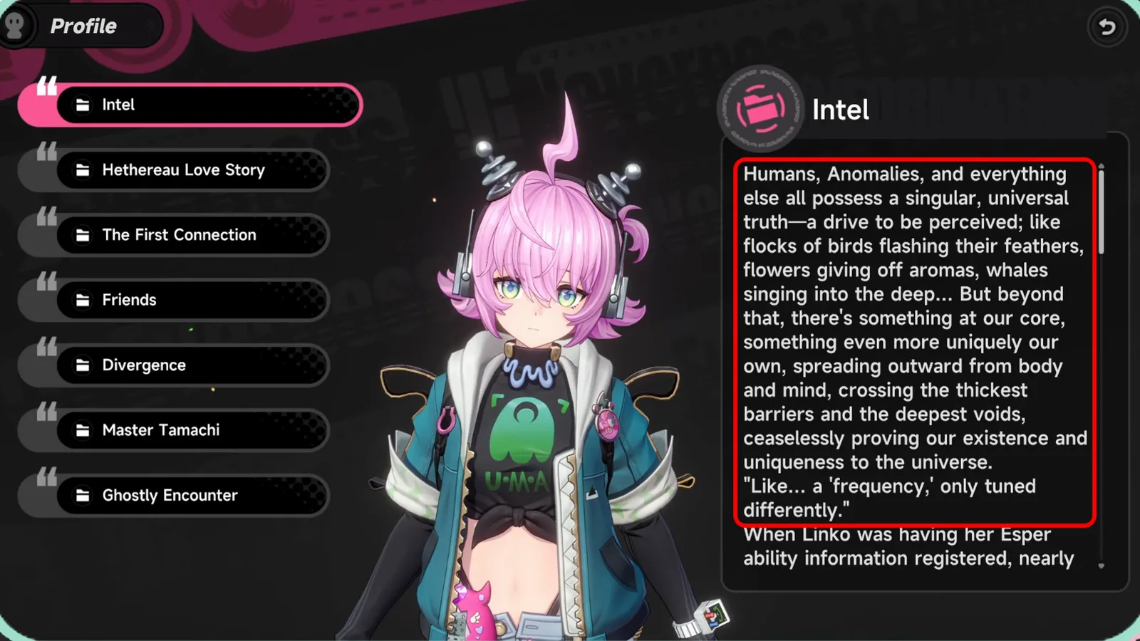 The Intel tab of Linko’s NTE profile, describing humans and anomalies driven to be perceived and her ‘frequency’ theory