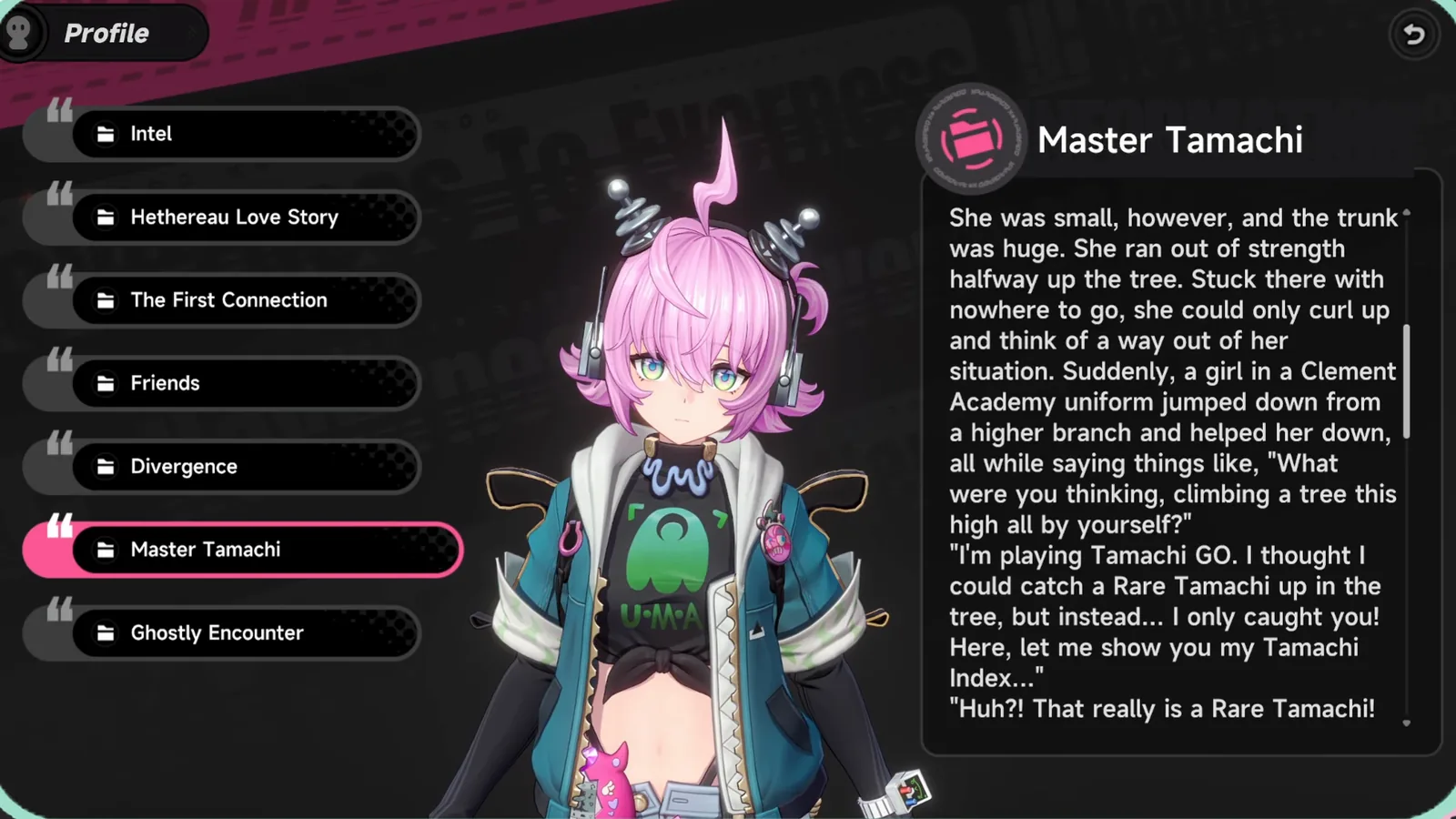 The Master Tamachi tab of Linko’s NTE profile, where a Clement Academy girl playing Tamachi GO rescues her from a tree