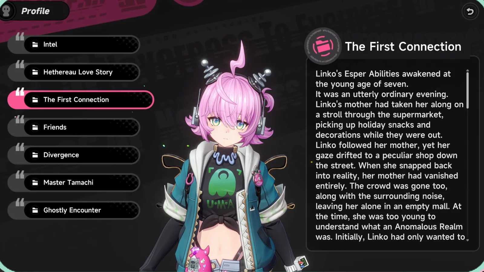 The First Connection tab of Linko’s NTE profile, telling how her Esper Abilities awakened at seven in an empty mall