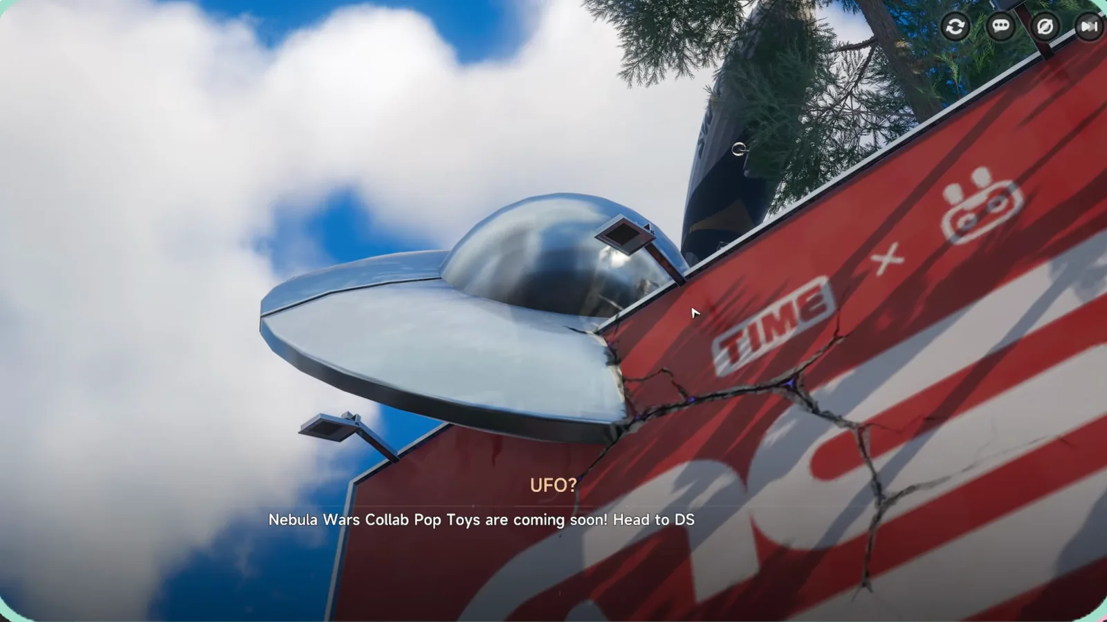 The UFO model on a billboard in Linko’s NTE side quest, with the line ‘Nebula Wars Collab Pop Toys are coming soon!’