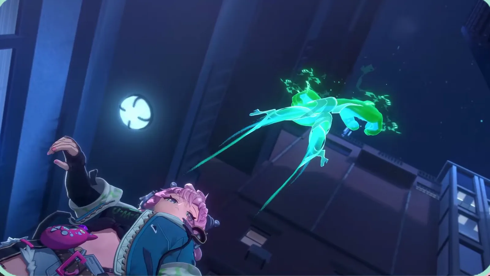 Linko in NTE combat with Xiaozhen’s giant green ghost hands reaching out above her in a Hethereau alley at night