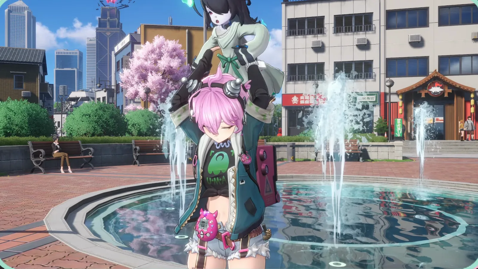 Xiaozhen, Linko’s ghost in NTE, floating out of the portable TV on Linko’s back beside a fountain in Hethereau