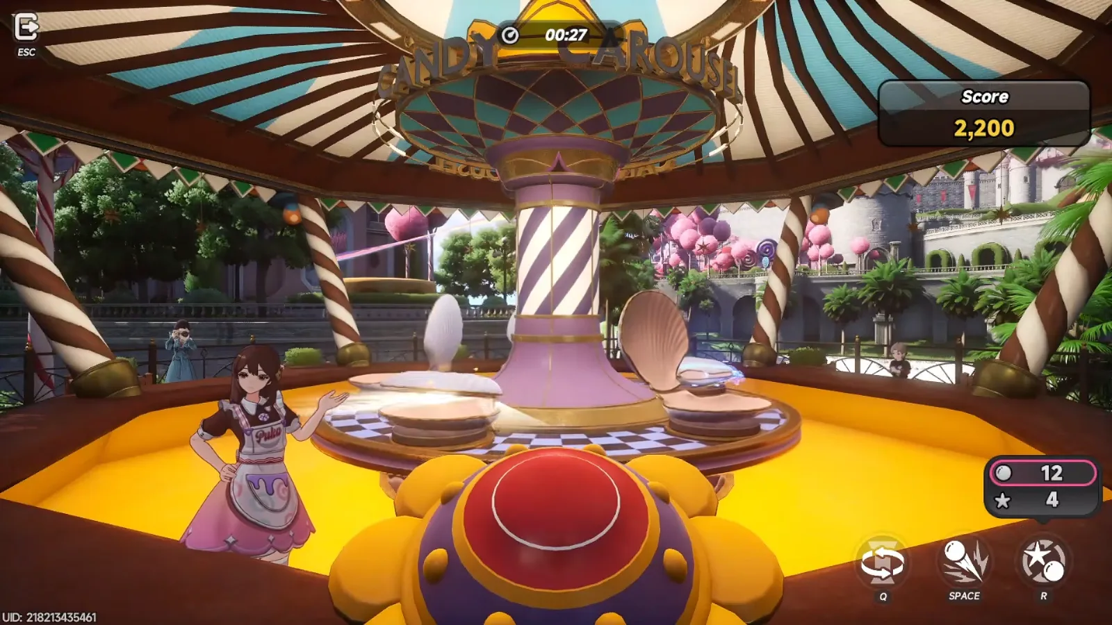 Candy Carousel in NTE Pukaland, shooting pearls into opening shells on a spinning carousel, score 2,200 with 12 pearls left