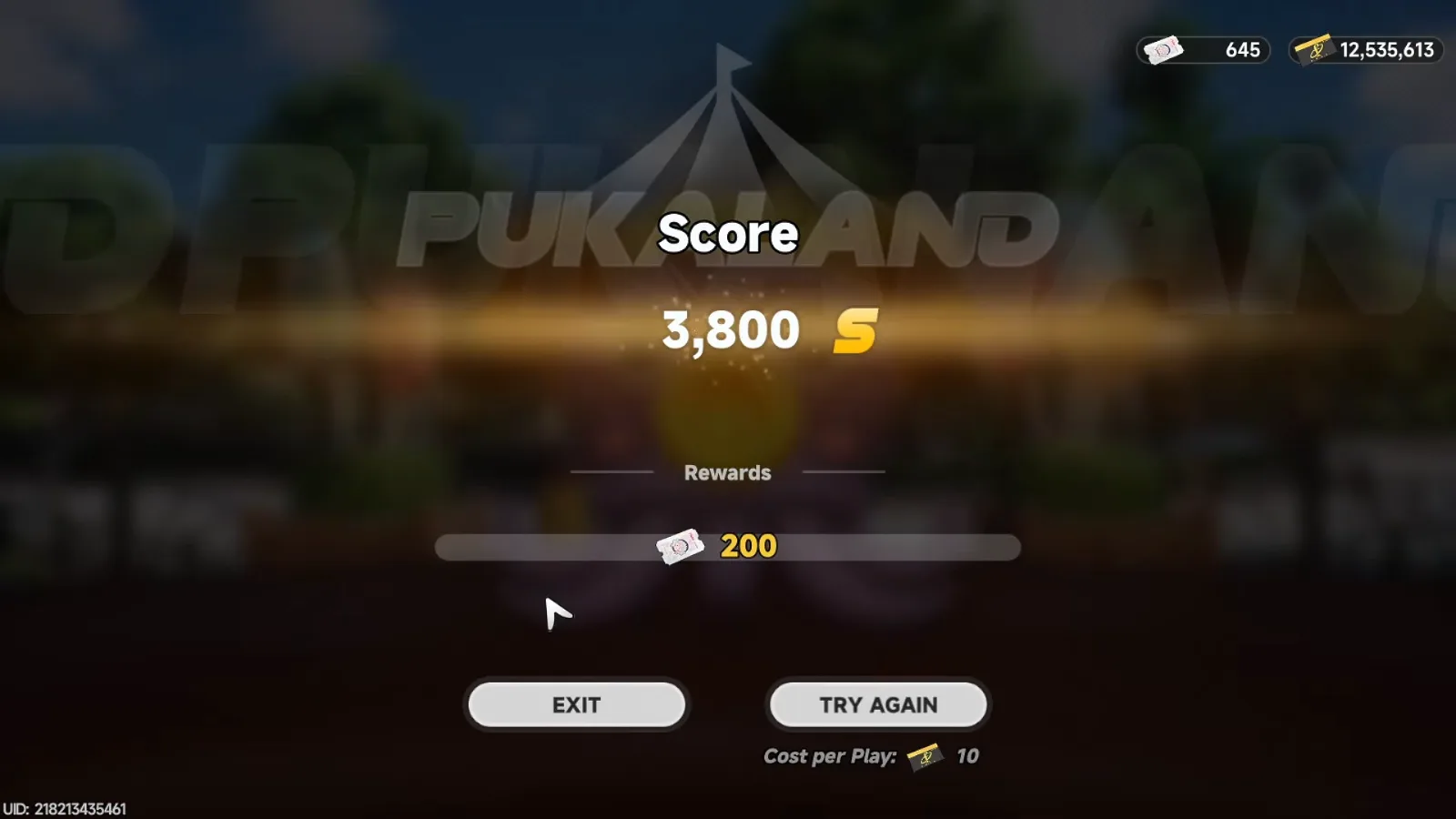 Candy Carousel result screen in NTE: score 3,800, rank S, reward 200 Puka Stars, cost per play 10 Fons