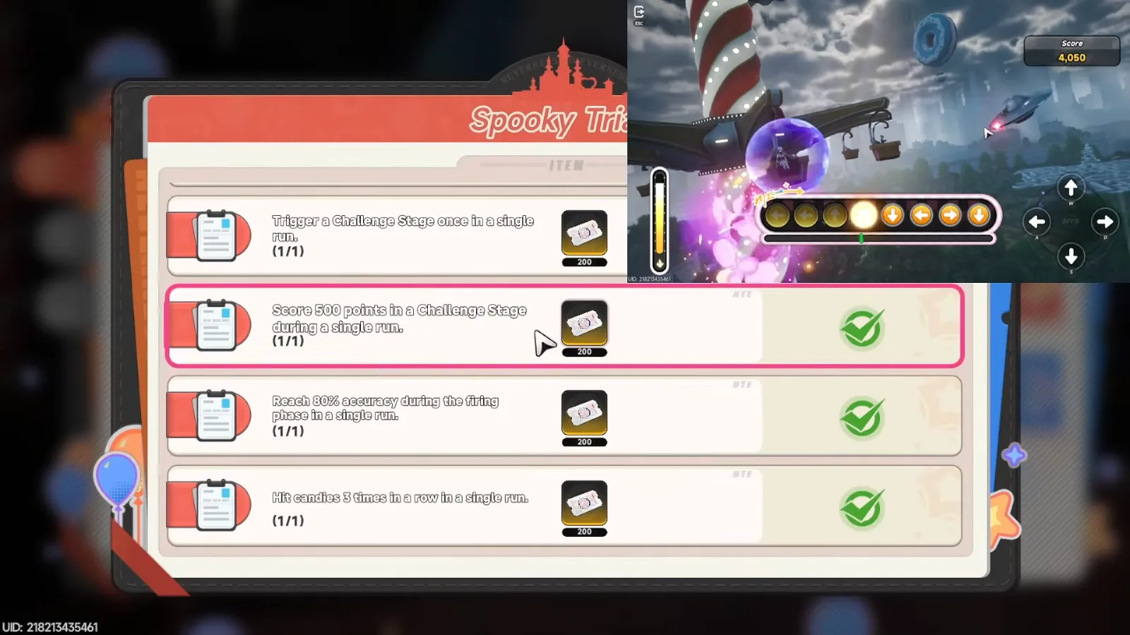 Pixies Waltz Spooky Trials in NTE: score 500 points in a Challenge Stage, reach 80% accuracy in the firing phase, hit candies 3 times in a row