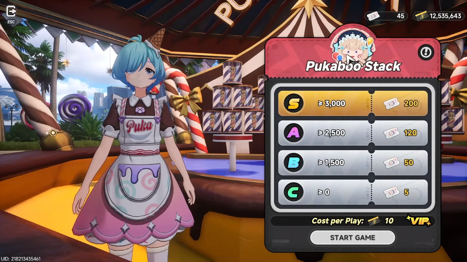Pukaboo Stack score tiers in NTE Pukaland: S at 3,000 points pays 200 Puka Stars, A 120, B 50, C 5, cost per play 10 Fons with VIP