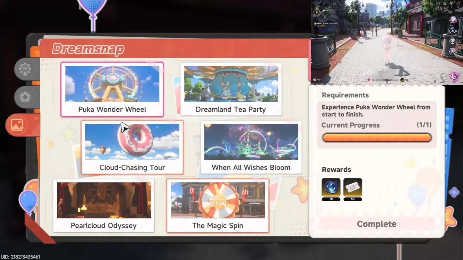 Dreamsnap tab of the NTE Pukaland Travelogue: Puka Wonder Wheel, Dreamland Tea Party, Cloud-Chasing Tour, When All Wishes Bloom, Pearlcloud Odyssey, The Magic Spin