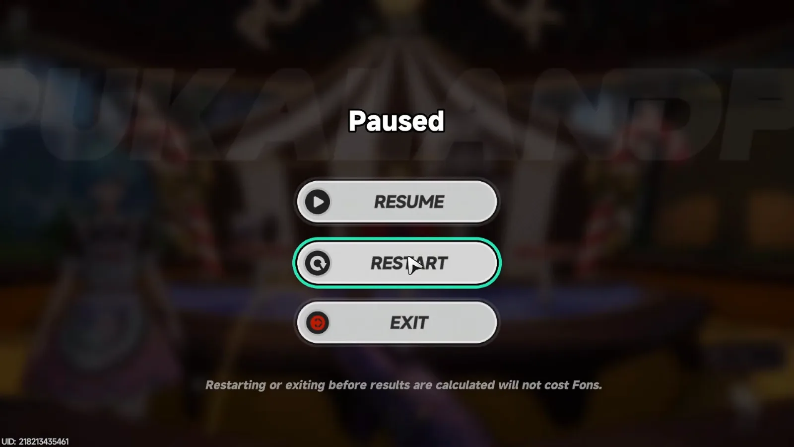 NTE Pukaland minigame pause menu with Resume, Restart and Exit: restarting or exiting before results are calculated will not cost Fons