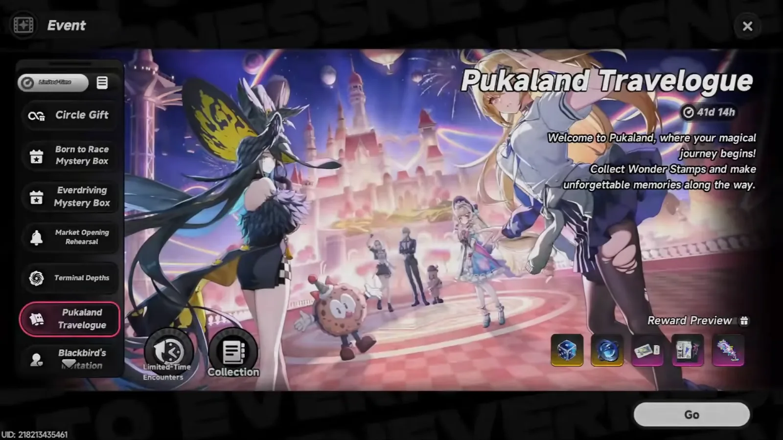 Pukaland Travelogue event screen in NTE with 41 days 14 hours left, the Limited-Time Encounters and Collection buttons
