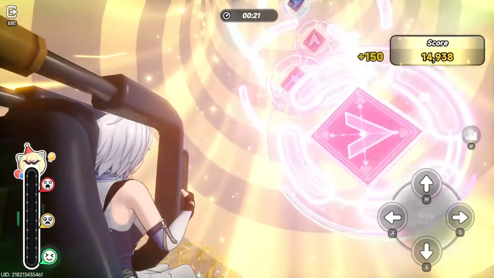 Punchulum Ride special animation in NTE Pukaland, a golden screen of rhythm arrows with the score at 14,938