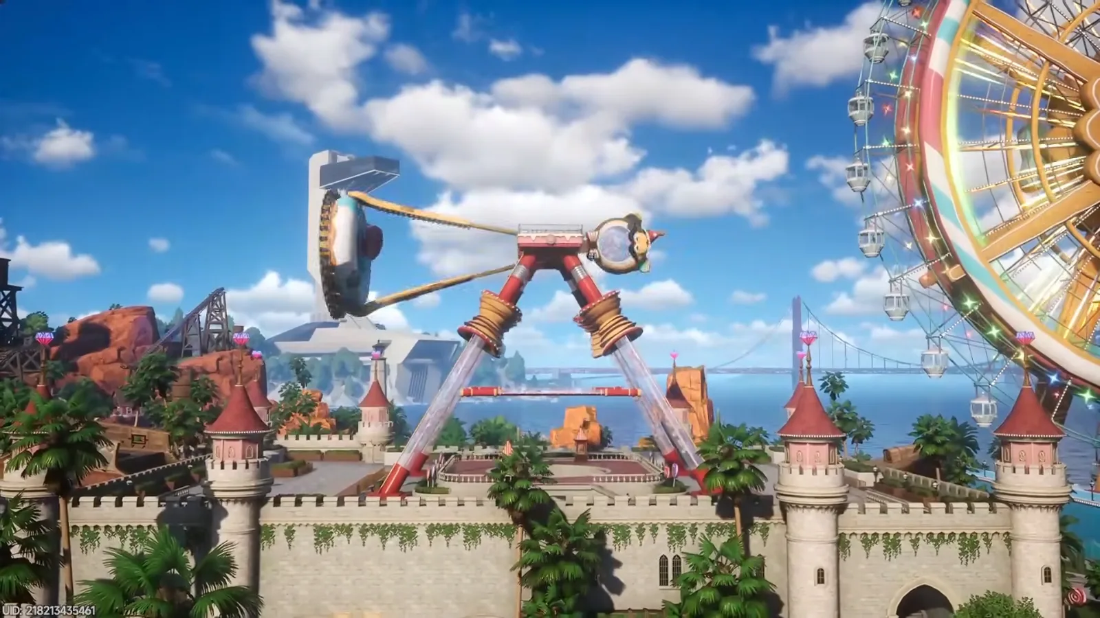 Punchulum Ride from outside in NTE Pukaland, a swinging pendulum ride beside the Ferris wheel and the castle walls