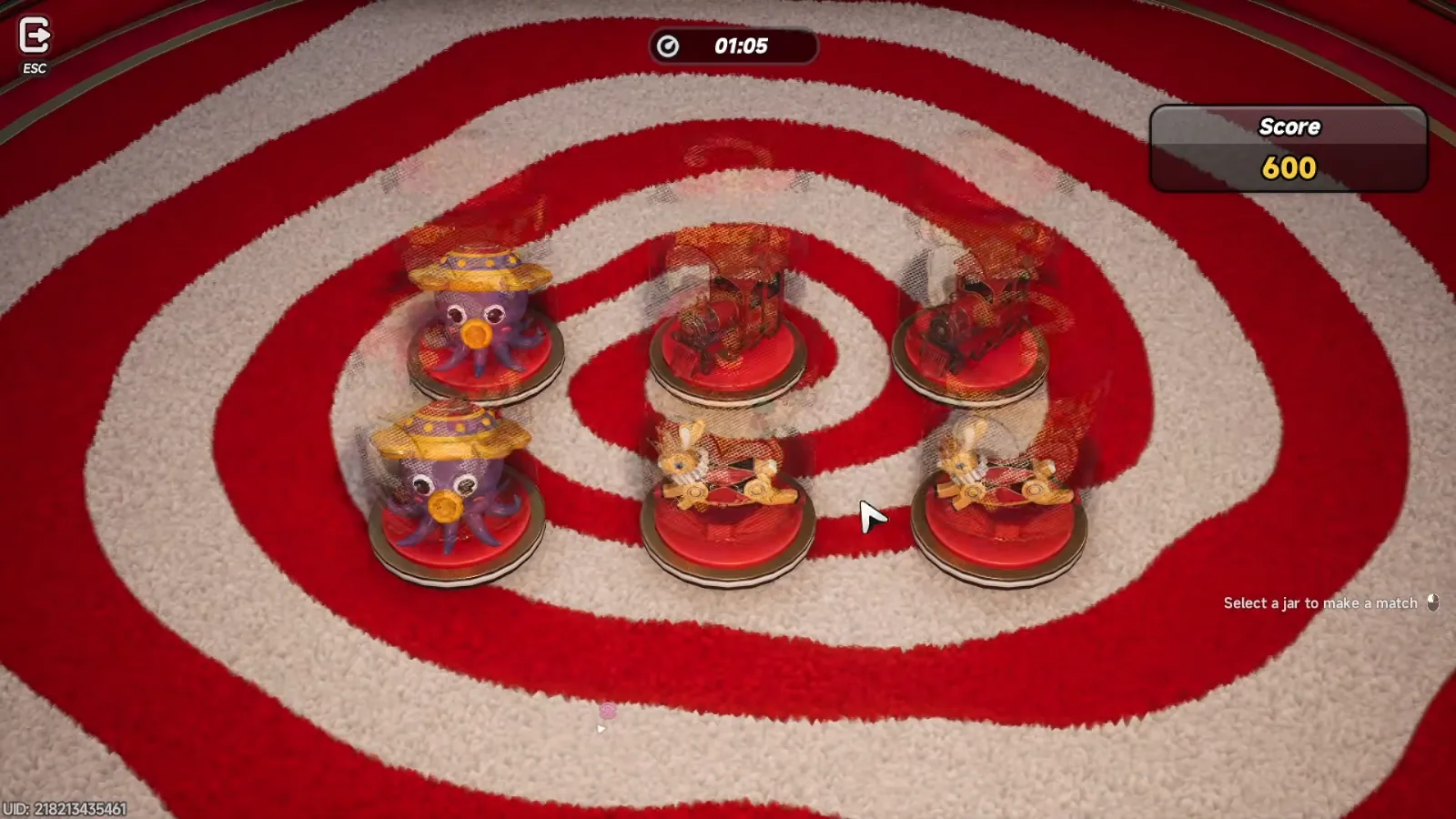 Secret Match in NTE Pukaland, a cup shuffling memory game on a red and white spiral board with six Puka cups