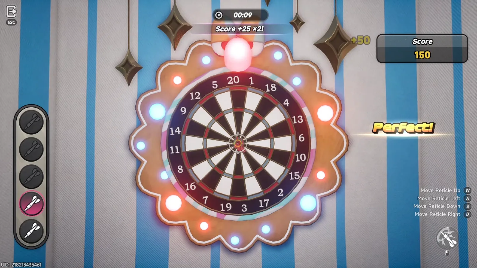Star-Struck darts in NTE Pukaland, a Perfect throw on the board with the bonus ring lit and the score at 150