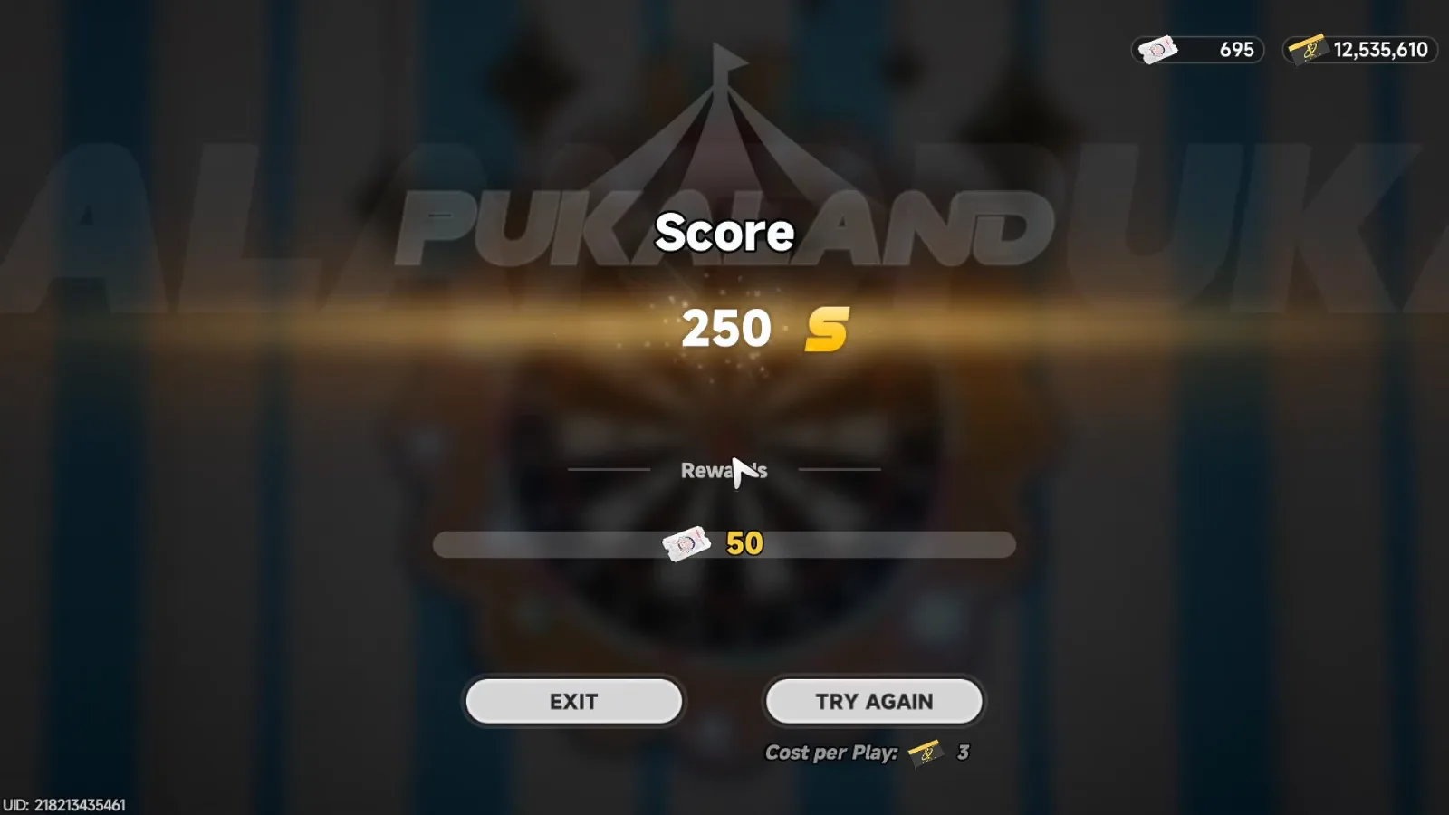Star-Struck result screen in NTE Pukaland: score 250, rank S, reward 50 Puka Stars, cost per play 3 Fons