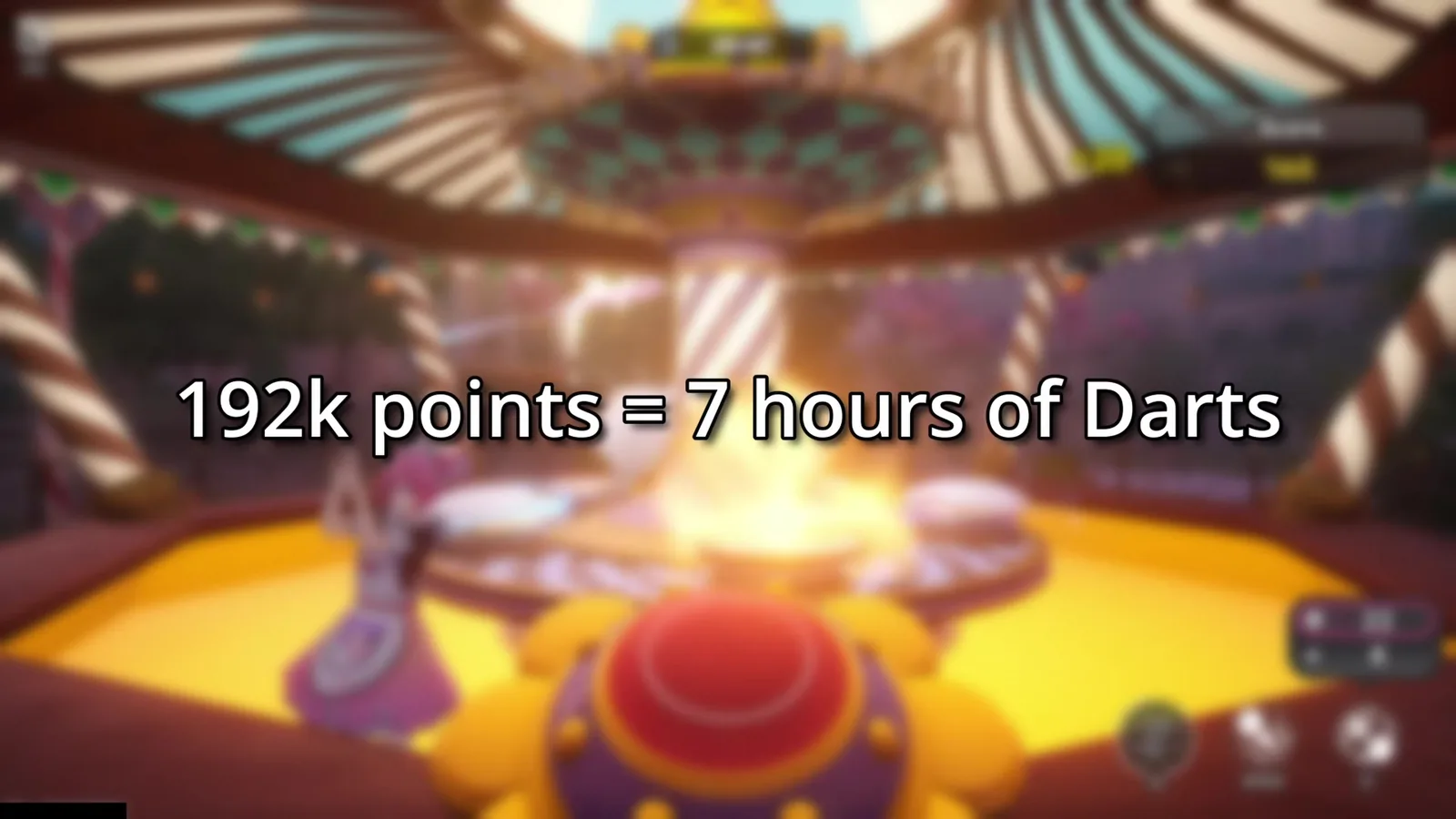 NITrogen’s on-screen estimate for NTE Pukaland darts: 192k points equals 7 hours of darts, over a blurred minigame
