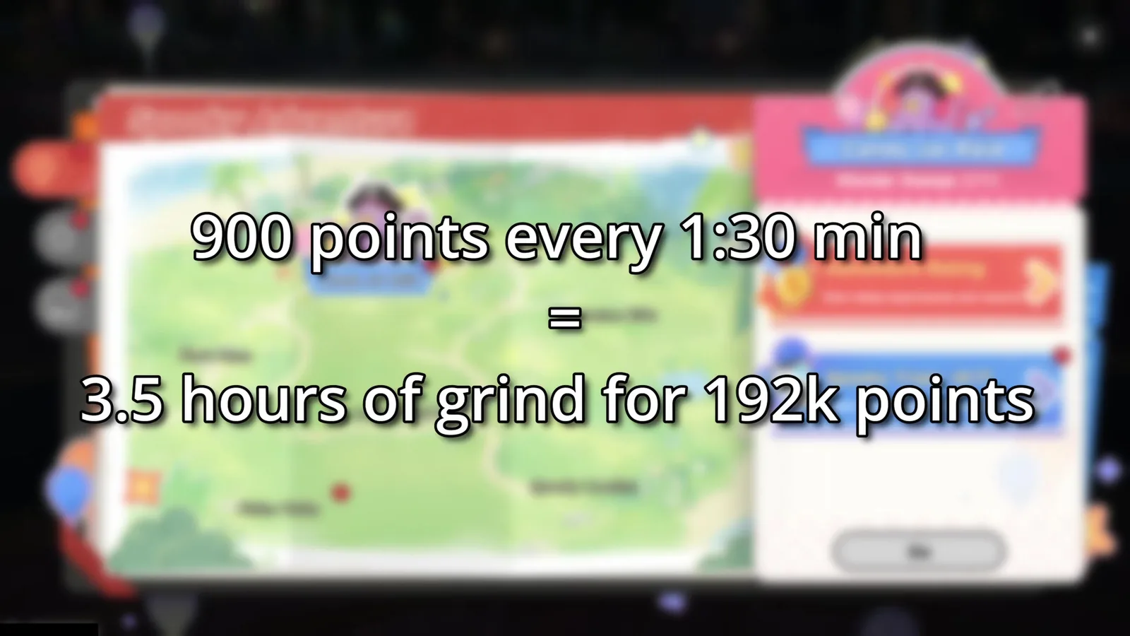 NITrogen’s on-screen estimate for NTE Pukaland: 900 points every 1:30 min equals 3.5 hours of grind for 192k points