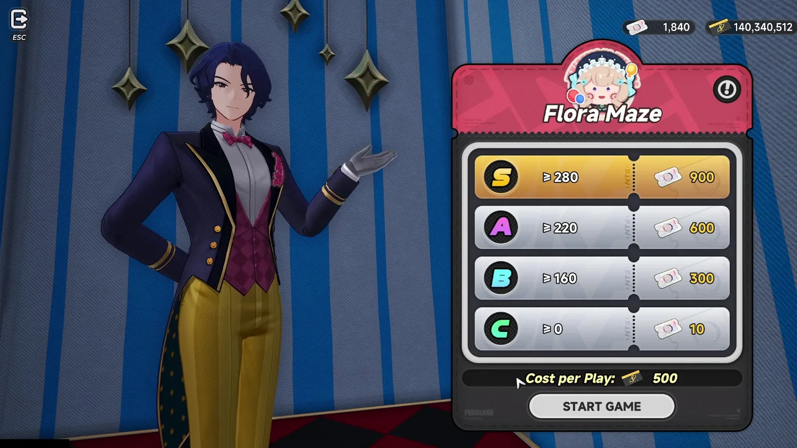 Flora Maze score tiers in NTE Pukaland: S at 280 points pays 900 Puka Stars, A at 220 pays 600, B at 160 pays 300, 500 Fons per play
